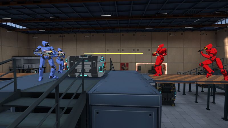 Blue and red robots trade fire across the warehouse walkways