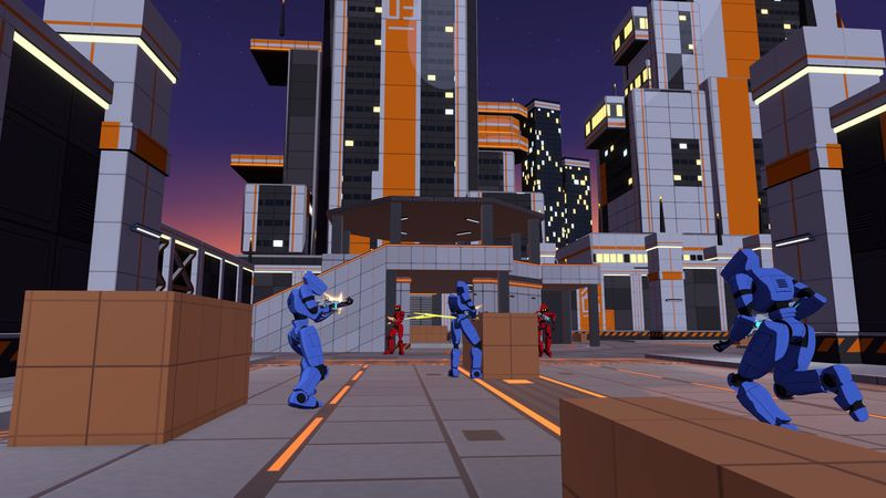 Blue robots push down a city street at dusk under red fire